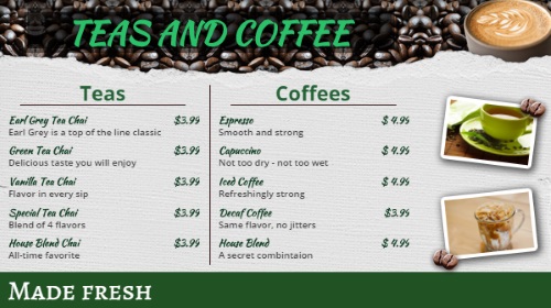 Coffee Shop / Cafe Menu - 10 Items in Green color