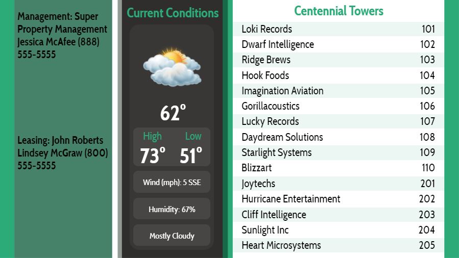 Lobby Directory with Current Weather - 15 Items in Green color