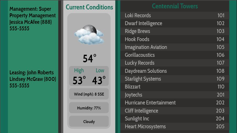 Lobby Directory with Current Weather - 15 Items in Green color