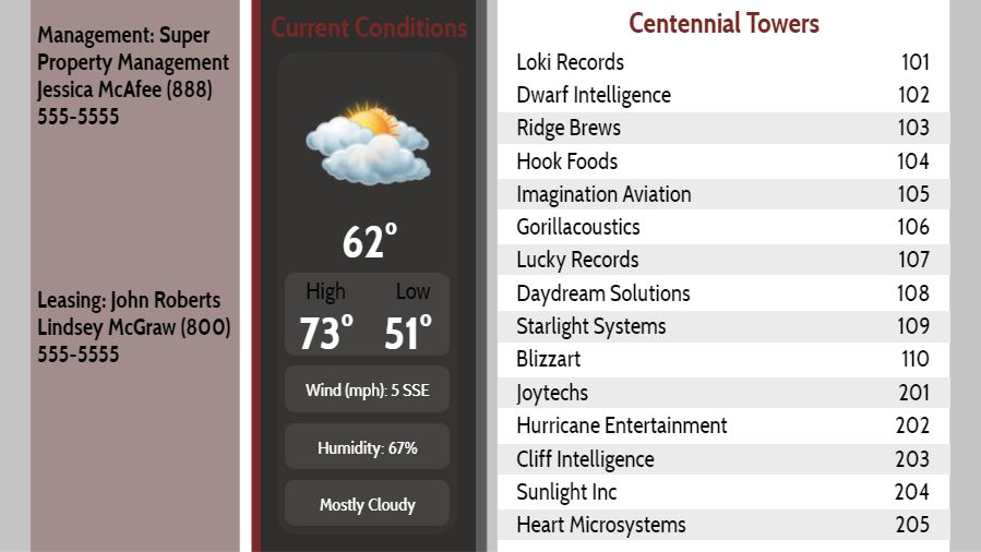 Lobby Directory with Current Weather - 15 Items in Grey color