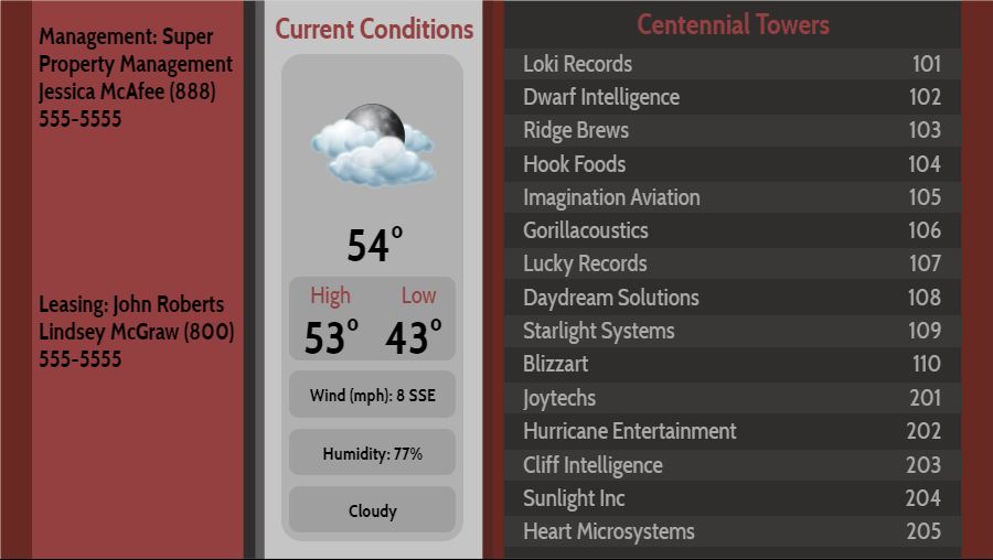 Lobby Directory with Current Weather - 15 Items in Maroon color