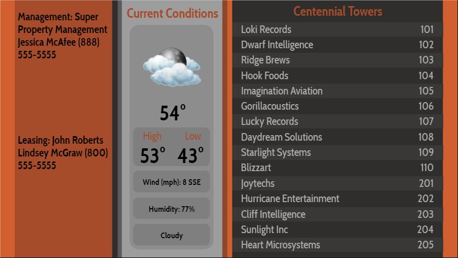 Lobby Directory with Current Weather - 15 Items in Orange color