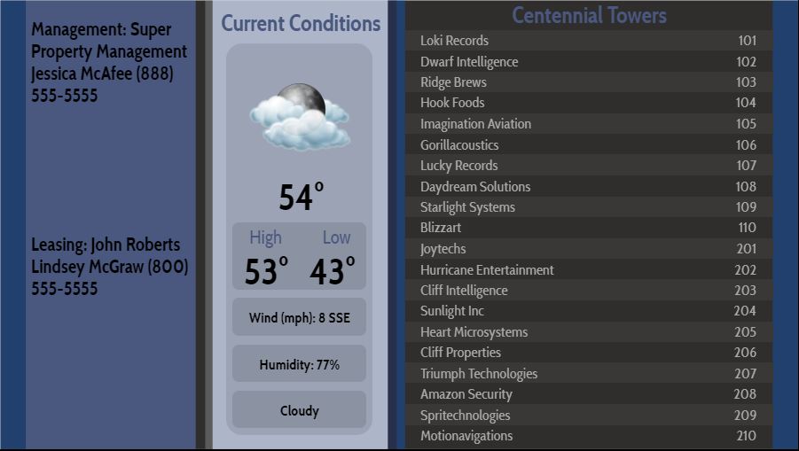 Lobby Directory with Current Weather - 20 Items in Blue color