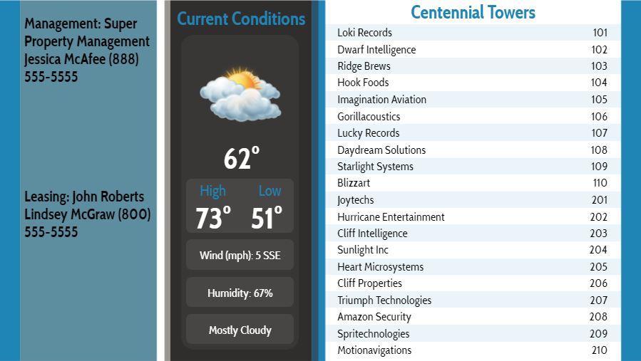 Lobby Directory with Current Weather - 20 Items in Blue color