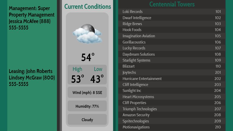 Lobby Directory with Current Weather - 20 Items in Green color