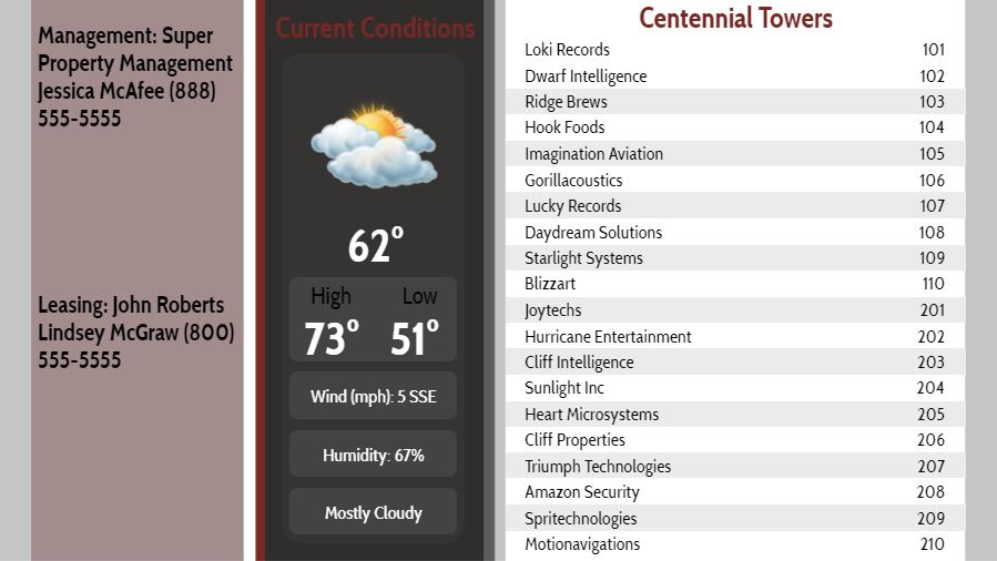 Lobby Directory with Current Weather - 20 Items in Grey color