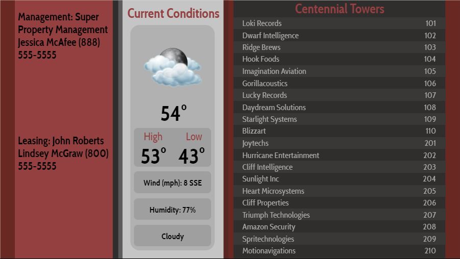 Lobby Directory with Current Weather - 20 Items in Maroon color