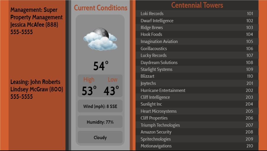 Lobby Directory with Current Weather - 20 Items in Orange color