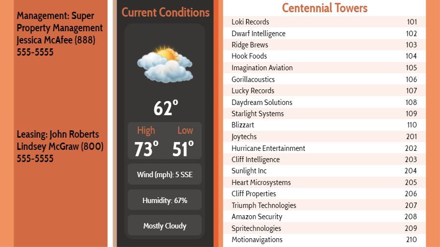 Lobby Directory with Current Weather - 20 Items in Orange color