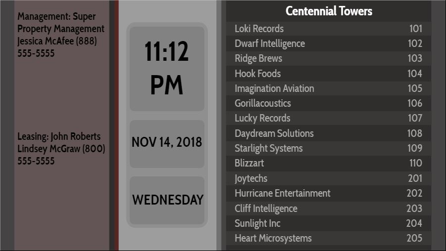 Lobby Directory with Date and Time - 15 Items in Black color