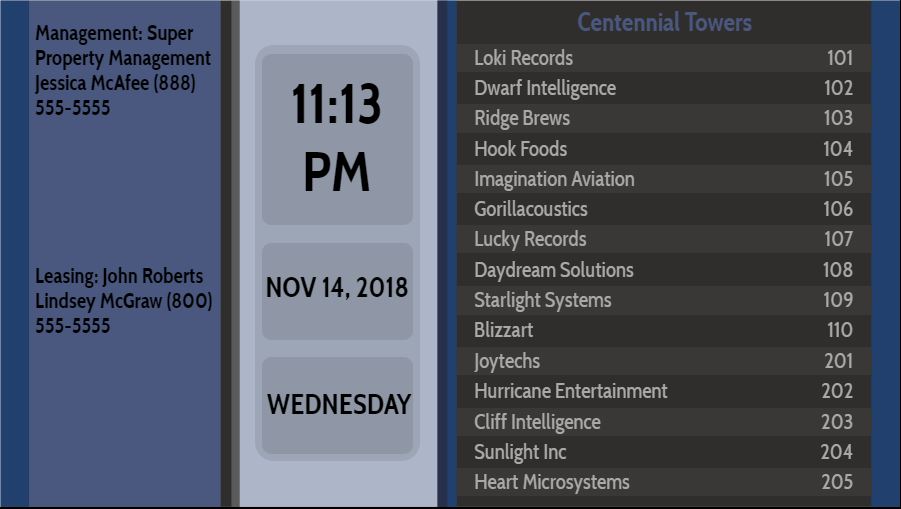 Lobby Directory with Date and Time - 15 Items in Blue color