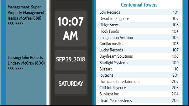 Lobby Directory with Date and Time - 15 Items in Blue color