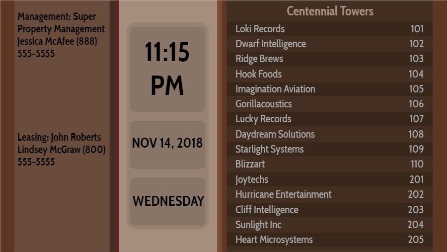 Lobby Directory with Date and Time - 15 Items in Brown color