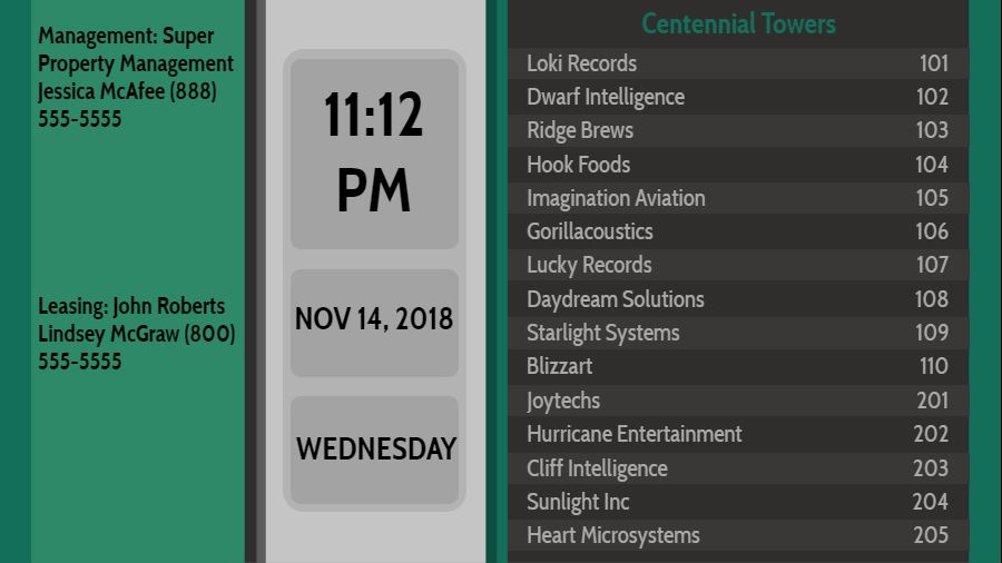 Lobby Directory with Date and Time - 15 Items in Green color