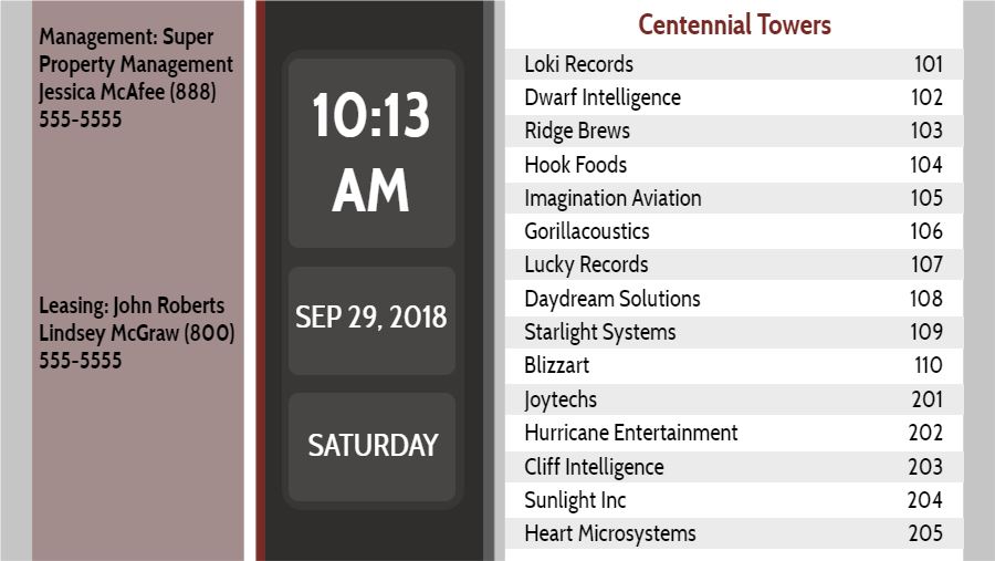 Lobby Directory with Date and Time - 15 Items in Grey color