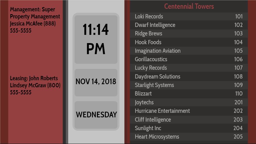 Lobby Directory with Date and Time - 15 Items in Maroon color