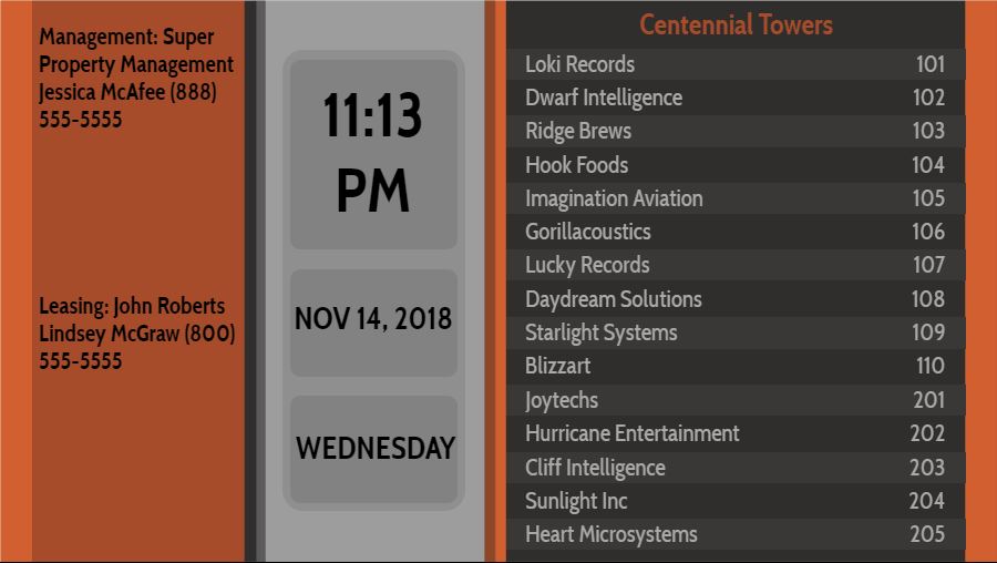 Lobby Directory with Date and Time - 15 Items in Orange color