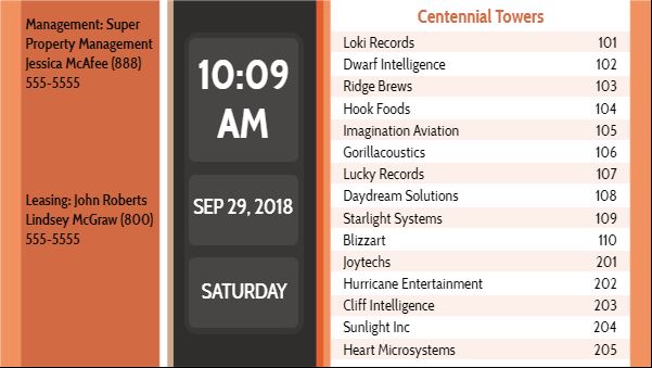 Lobby Directory with Date and Time - 15 Items in Orange color