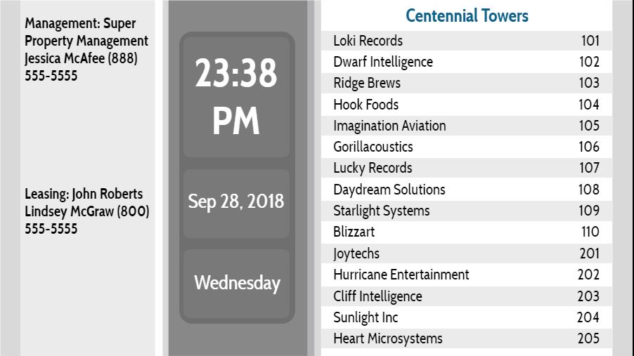 Lobby Directory with Date and Time - 15 Items in White color