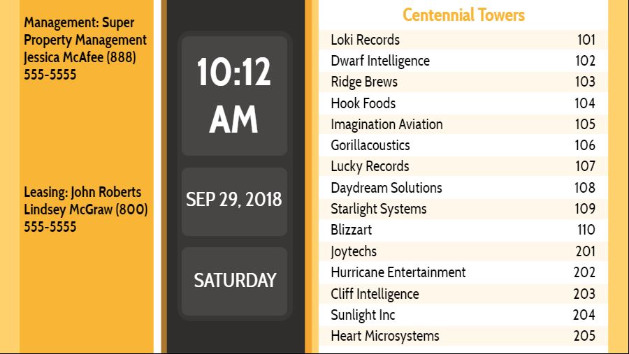 Lobby Directory with Date and Time - 15 Items in Yellow color