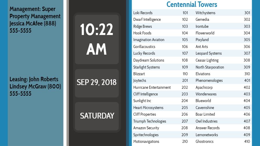 Lobby Directory with Date and Time - 40 Items in Blue color