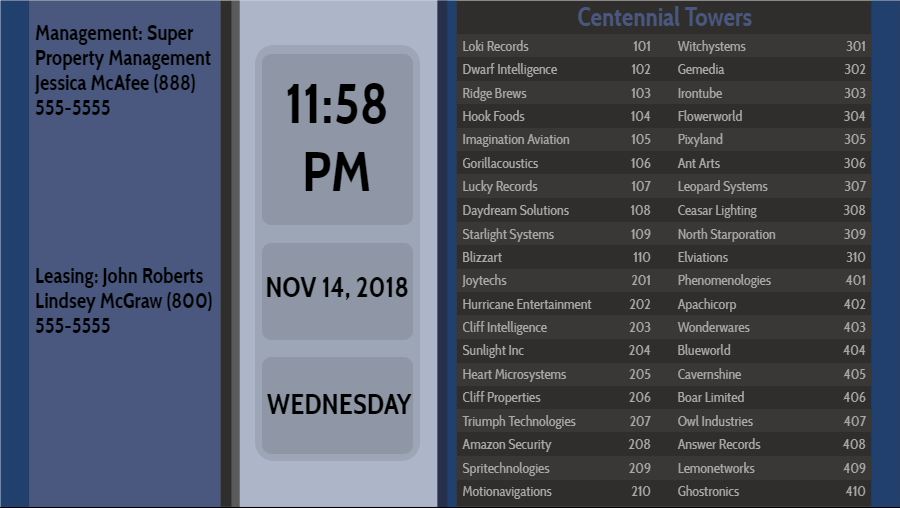 Lobby Directory with Date and Time - 40 Items in Blue color