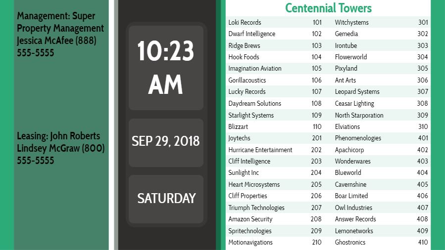 Lobby Directory with Date and Time - 40 Items in Green color