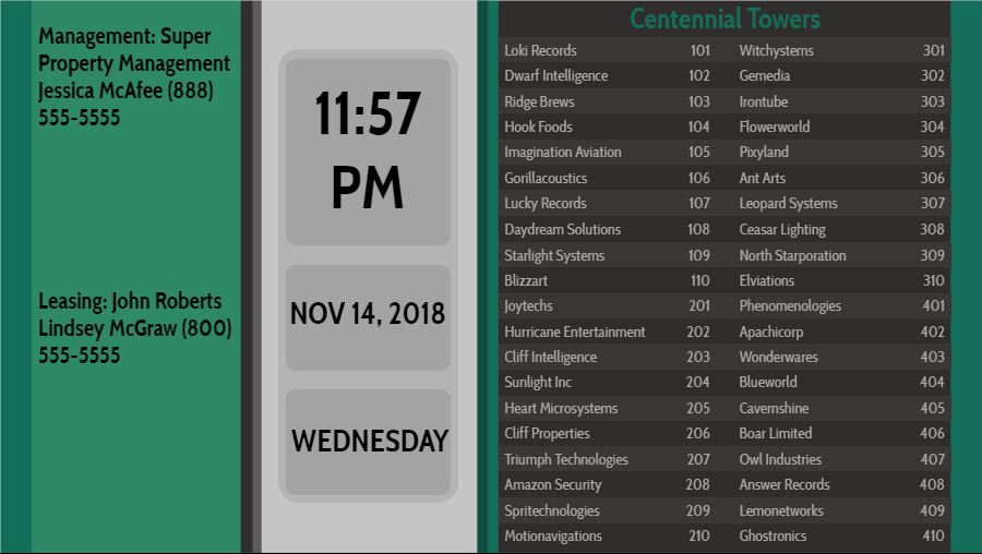 Lobby Directory with Date and Time - 40 Items in Green color