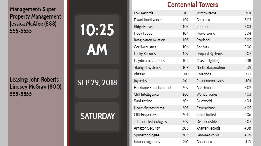 Lobby Directory with Date and Time - 40 Items in Grey color