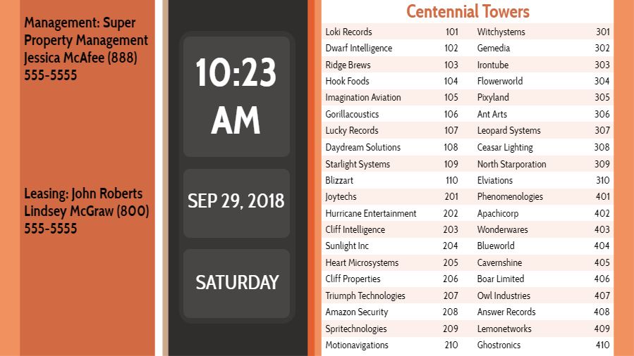 Lobby Directory with Date and Time - 40 Items in Orange color