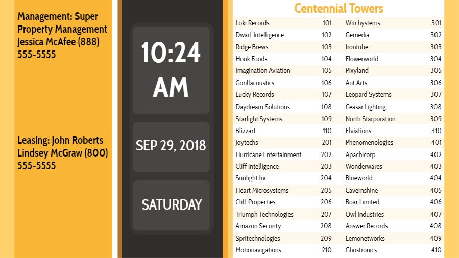 Lobby Directory with Date and Time - 40 Items in Yellow color