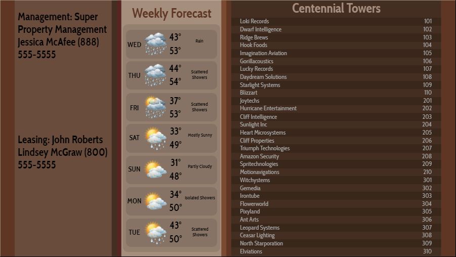 Lobby Directory with Weekly Weather - 30 Items in Brown color