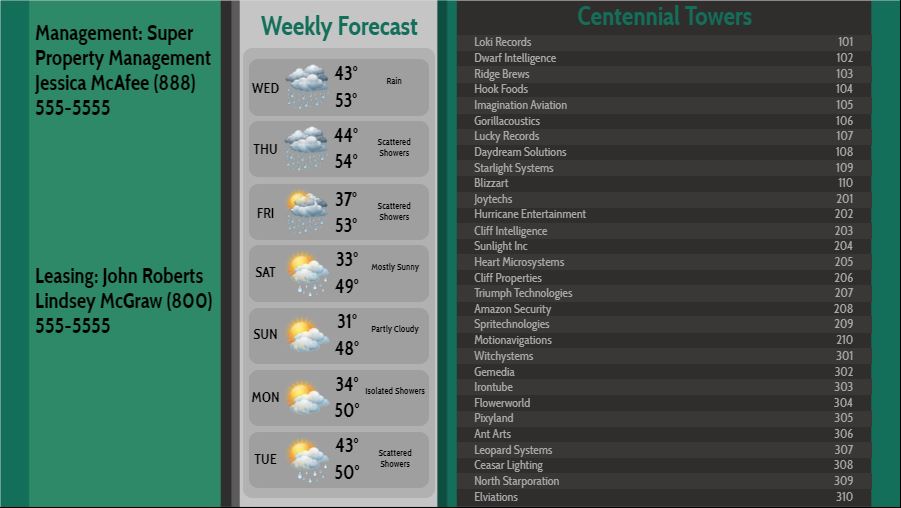 Lobby Directory with Weekly Weather - 30 Items in Green color