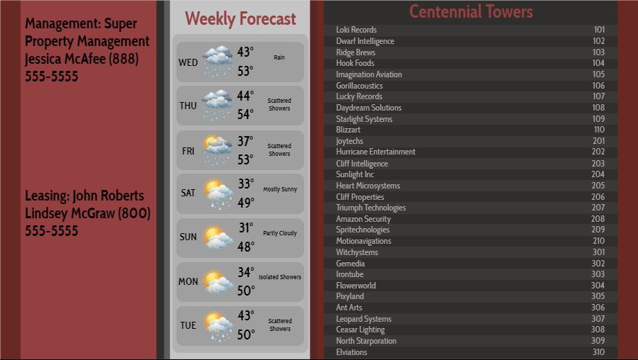 Lobby Directory with Weekly Weather - 30 Items in Maroon color