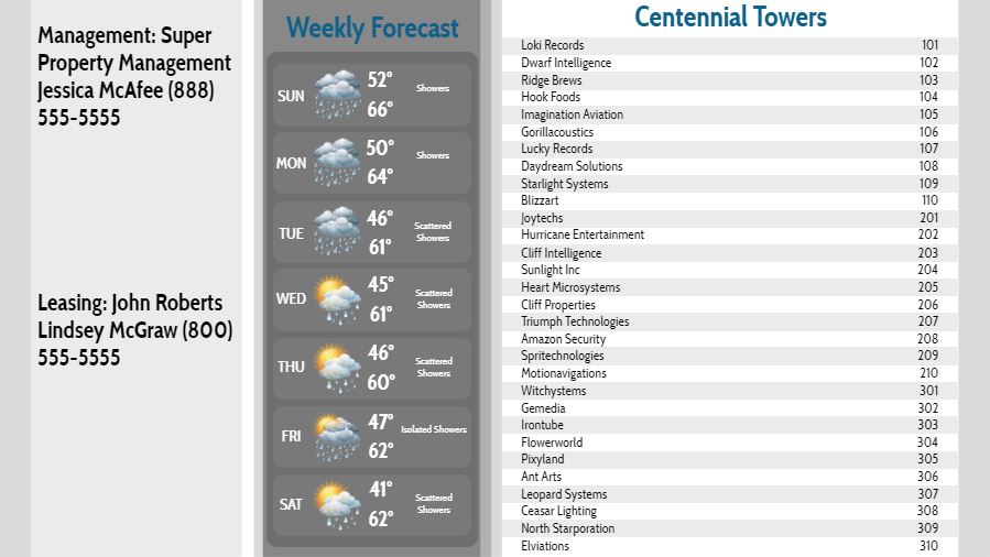 Lobby Directory with Weekly Weather - 30 Items in White color