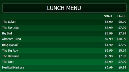 Digital Menu Board - 10 Items with 2 Price Levels in Green color