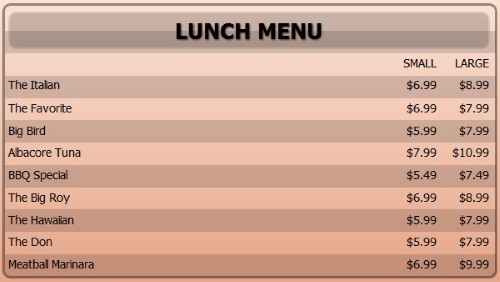 Digital Menu Board - 10 Items with 2 Price Levels in Orange color