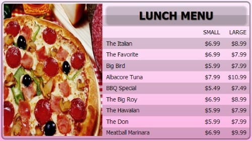 Digital Menu Board - 10 Items with 2 Price Levels in Pink color