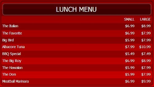 Digital Menu Board - 10 Items with 2 Price Levels in Red color