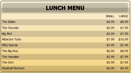 Digital Menu Board - 10 Items with 2 Price Levels in Yellow color