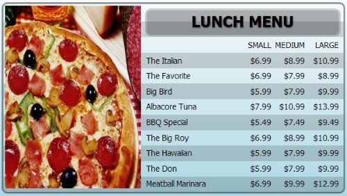 Digital Menu Board - 10 Items with 3 Price Levels in Blue color