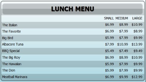 Digital Menu Board - 10 Items with 3 Price Levels in Blue color