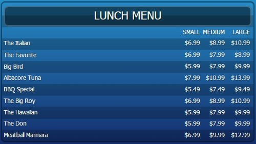 Digital Menu Board - 10 Items with 3 Price Levels in Blue color