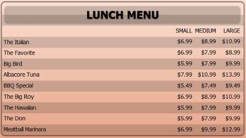 Digital Menu Board - 10 Items with 3 Price Levels in Orange color