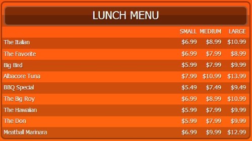 Digital Menu Board - 10 Items with 3 Price Levels in Orange color