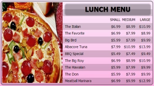 Digital Menu Board - 10 Items with 3 Price Levels in Pink color