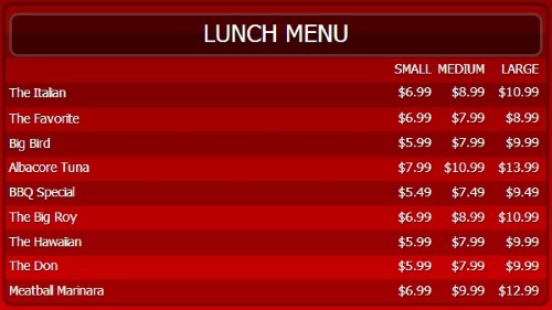 Digital Menu Board - 10 Items with 3 Price Levels in Red color