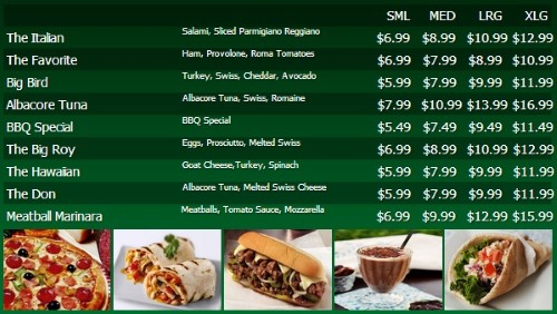 Digital Menu Board - 10 Items with 4 Price Levels in Green color