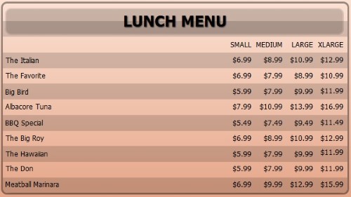 Digital Signage Template for Digital Menu Board - 10 Items with 4 Price Levels