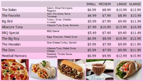 Digital Menu Board - 10 Items with 4 Price Levels in Pink color